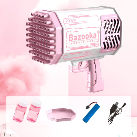 Pistol pentru Baloane de Sapun, Cyrax, 69 de Gauri, Lumini Colorate, Tavita, Lichid, Baterie de Li, Cablu de Incarcare, 24cm x 14cm x 24cm, Roz