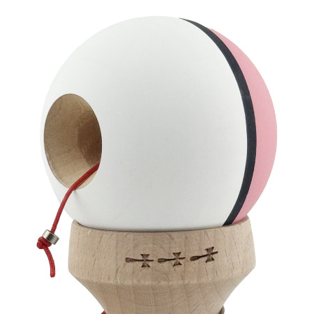 Kendama X Originala, Profesionala, Cyrax, Cupe Mari KING SIZE V3, Rubber Grip, Gaura in Baza, Rulment Metalic, din lemn 18 cm, Ata 62/65 cm, S Bicolor Roz/Alb