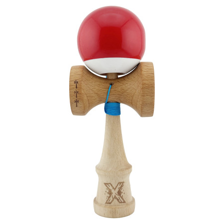 Kendama X Originala, Profesionala, Cyrax, Big Cups V2, Super Sticky cu Cupe Mari, din lemn 18 cm, Rulment Metalic cu Ata 55 cm, Rosu/Alb