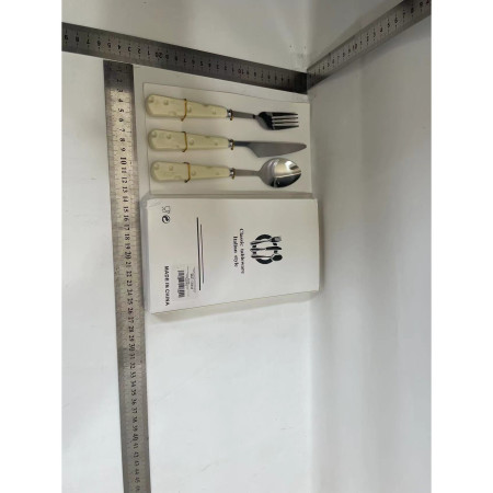 Tacamuri pentru Copii, Cyrax, Set 3 Piese, Tacamuri pentru Dejun, Lingura Furculita Cutit, Stil Italian, Manere forma Cascaval Plastic, Inox, 23 cm, Auriu