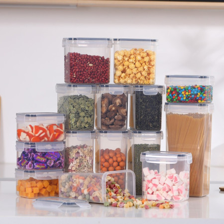 Cutii de depozitare alimente, Cyrax, Set din 15 Cutii pentru Condimente, Cereale, Cutii pentru Bucatarie, din Plastic PP, Cutii Alimentare, Diferite Dimensiuni, Transparente