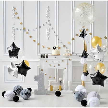 Balon din Folie Metalizata, Cyrax, Figurina Stea, Model Simplu, Tematica Aniversare, 40 cm, Ambalaj Individual, Pai Inclus, Umflare cu Aer sau Heliu, Negru