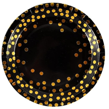 Set 10 Farfurii Unica Folosinta, Cyrax, Imprimeu cu Buline, din Carton, Diametru 23 cm, Negru/Auriu