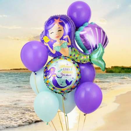 Balon din Folie Metalizata, Cyrax, Mini Figurine, Model Sirena cu Par Mov, Tematica Aniversare, 39x37 cm, Ambalaj Individual, Pai Inclus, Umflare cu Aer sau Heliu, Multicolor