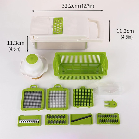 Feliator Multifunctional, Cyrax, Razatoare, 8 in 1, pentru Fructe si Legume, 10 Piese, Lame de Inox, Recipient Stocare, Separator Oua, Protectie Mana, ABS, 67.5x38.5x49.5 cm, Verde/Alb
