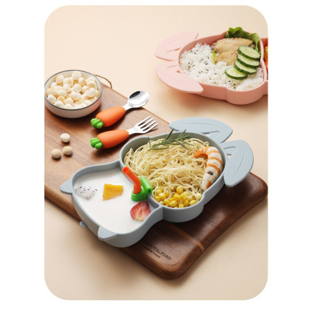 Set diversificare bebelusi Cyrax, din silicon, 26 x 15 cm, 1 farfurie compartimentata in forma de iepure, lingurita si furculita, pai, perie pai, fara alergeni, ventuza fixare,  forma creativa,  bleumarin