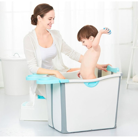 Cada Pliabila pentru Baie, Cyrax, din PP+TPE, pentru Copii +6 Luni, Model Ursulet, Scaun de Interior, Detasabil, 82 x 50 x 54 cm, Albastru