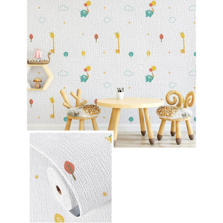 Rola Autoadeziva pentru Perete,  din Panza, 10 m, Rezistenta la Umezeala, 2.5 mm Grosime, Model Girafa si Elefant, Multicolor