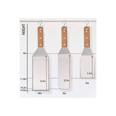 Set 3 spatule pentru gratar Cyrax, din metal, margini subtiri, suprafata antiaderenta, rezistente la temperaturi ridicate, maner ergonomic din lemn, 3 forme, agatatoare, gri