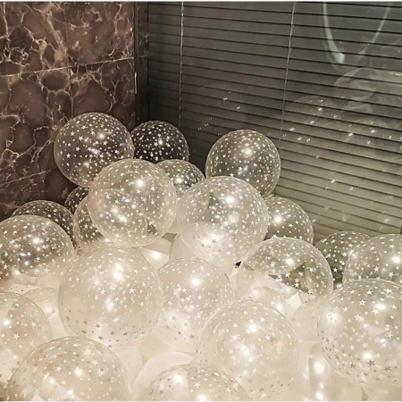 Set 10 Baloane din Latex Transparente, Cyrax, Model Party, 30 cm, Stelute Albe, 2.8 g