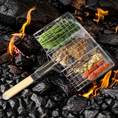 Gratar pentru Peste si Carne, Cyrax, Suprafata Utila 32x19 cm, Otel Inoxidabil, cu Maner, Portabil, Argintiu