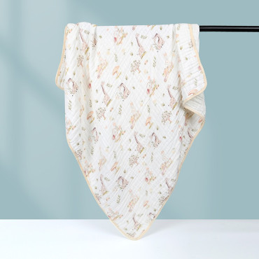 Prosop de baie din bumbac si tifon pentru Bebelusi, Cyrax, cu Sase Straturi, pentru Copii, 110x110 cm, Model Girafe, Bej Galben