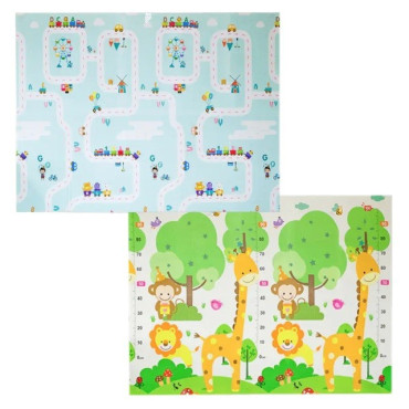 Covoras pentru Copii, Cyrax, cu 2 Fete, Model Oras/Safari, din XPE+PE, Impermeabil, Antiderapant, Protectie Termica, +3 Luni, Pliabil, 180 x 200 x 1 cm, Multicolor