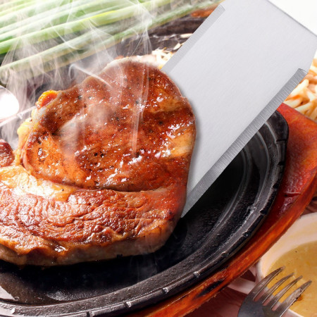 Set 3 spatule pentru gratar Cyrax, din metal, margini subtiri, suprafata antiaderenta, rezistente la temperaturi ridicate, maner ergonomic din lemn, 3 forme, agatatoare, gri