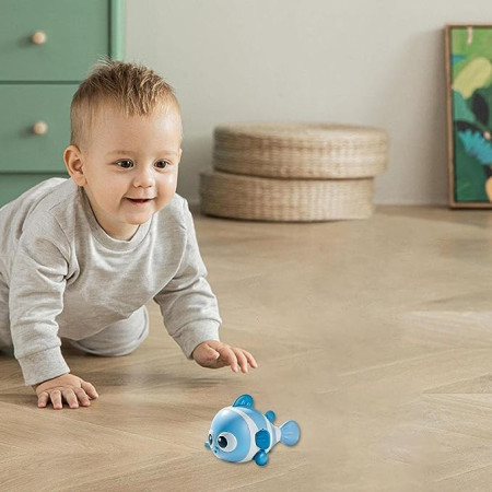 Jucarie mecanica pentru copii Cyrax, pestisor haios, cu cheita, distractiv, se taraste, se misca, 11 x 9 x 7.5 cm cm, albastru