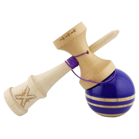 Kendama X Rainbow Originala, Profesionala, Cyrax, Big Cups V2, Super Sticky cu Cupe Mari, Rulment Metalic, din lemn 18 cm, Ata 55 cm, Violet/Maro