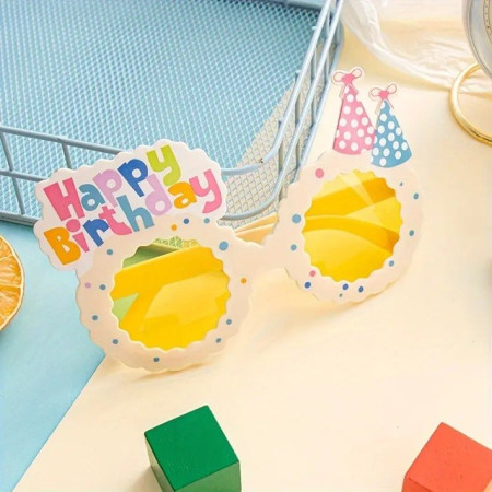 Ochelari Decorativi, Cyrax, pentru Petrecere, din ABS, Unisex, Model Happy Birthday, 13.5 x 8.5 cm, Bej cu Lentile Galbene