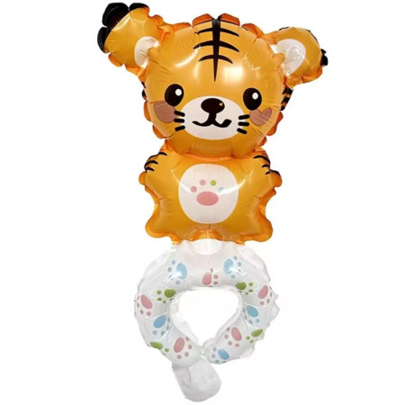 Balon din Folie Metalizata, Cyrax, Figurine Animalute, Tip Bratara, Model Tigru, Ambalaj Individual, Pai Inclus, Umflare cu Aer sau Heliu, Portocaliu