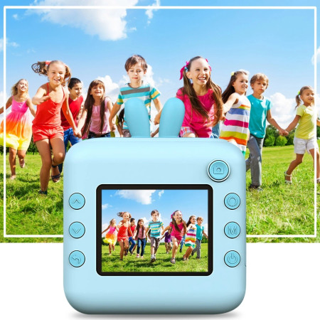 Set Camera Instantanee pentru Copii, Cyrax, Ecran HD 2.4'', 24MP, 720P Video, 1200 mAh, cu Functie de Printare Alb-Negru, cablu USB-C, Bluetooth, Compatibil iOS/Android, Imprimare APP, Model Iepure, Albastru