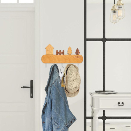 Suport pentru Chei,  din Lemn, Aplicare fara Perforare, Adeziv Inclus, 5 Carlige Albe, Model Casuta, Greutate Suportata 5 kg, 13.5 x 23 cm, Maro