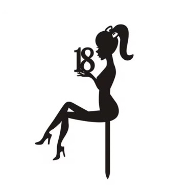 Decoratiune Topper pentru Tort, Cyrax, Model Fata 18 Ani, Dimensiuni 16x11.5 cm, Tematica Majorat, Negru