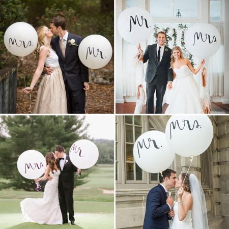 Set 2 Baloane din Latex, Cyrax, Tip Jumbo, Model Mr si Mrs, Tema Nunta, 45 cm, Alb