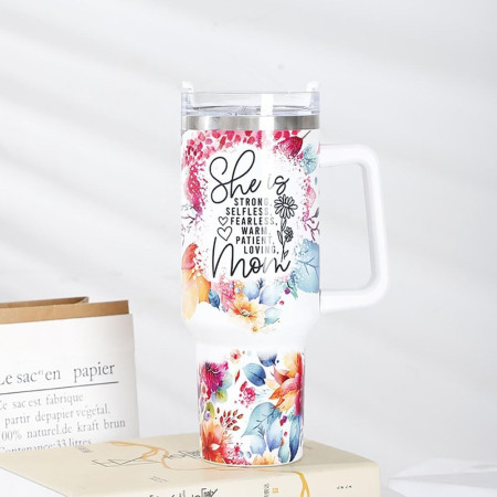 Cana Termos din Plastic, Cyrax, pentru Bauturi Calde si Reci, cu Maner, Imprimeu Floral, cu Mesaj pentru Mama, Alb, 10x7.6x27.5 cm