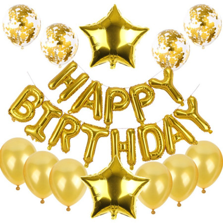 Cyrax Set baloane din folie metalizata si baloane din latex, baloane HAPPY BIRTHDAY, 4 baloane latex Confetti, 6 baloane latex Roz, 2 baloane folie Steluta, 40cm, Gold