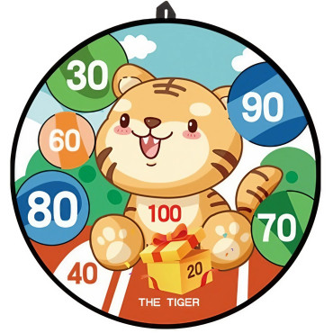 Joc Darts Cyrax pentru Copii, Placa Pliabila 36.5 cm, 8 Mingii Velcro/Scai Simple, 2 Mingii Luminoase, Model Tigru, Portocaliu