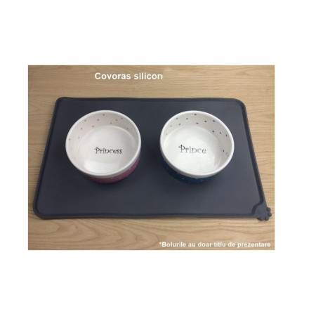 Covoras din silicon pentru animale  pentru bol de apa si mancare, antiderapant, margini ridicate pentru a mentine apa, 48.5x30 cm, Negru