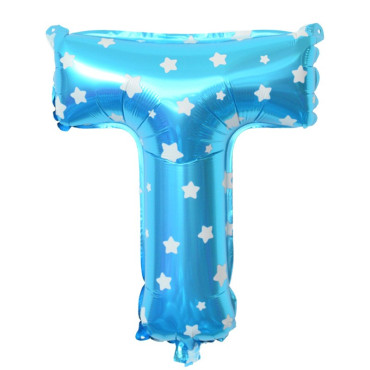 Balon Folie Metalizata Litera T, Cyrax, 40 cm, Cu Imprimeu Stelute, Umflati cu Heliu sau Aer, Ambalaj Individual, Pai inclus, Albastru