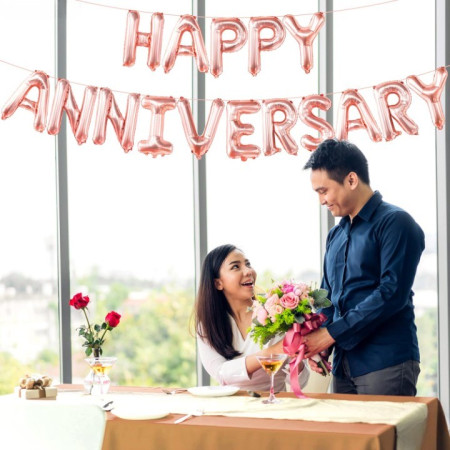 Set Baloane din Folie Metalizata, Cyrax, Model Happy Anniversary, Litere de 40 cm, Baloane Party, Ambalaj Individual, Pai Inclus, Umflare cu Aer sau Heliu, Roz