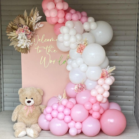 Set 16 Baloane din Latex Metalizate, Cyrax, Model Party, 30 cm, Alb, Roz, Roz Chrome, Transparent Confetti 2.8 g