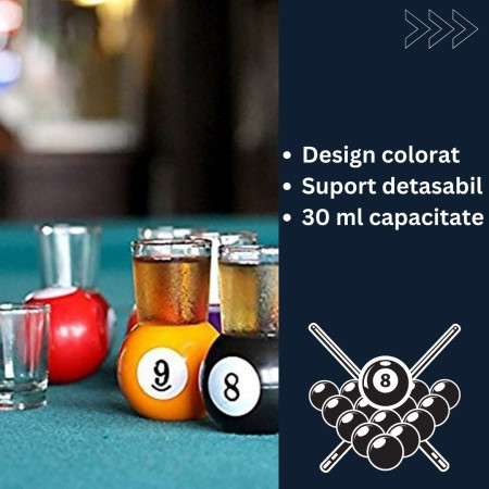 Set 9 pahare de shot Cyrax, cu suport tip bila de biliard, detasabil, 30 ml, din sticla, 17 x 17 x 10 cm, multicolor
