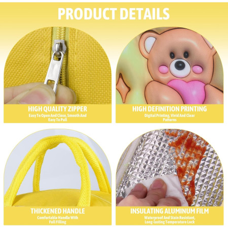 Geantă Frigorifică, Cyrax, cu Desene Animate 3D, Portabilă pentru Copii, de Prânz, din Pânză Oxford, 23x13x19 cm, Model Ursulet, Galben