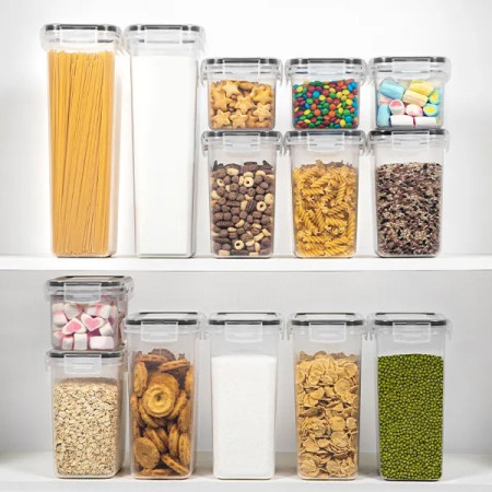 Cutii de depozitare alimente, Cyrax, Set din 14 Cutii pentru Condimente, Cereale, Cutii pentru Bucatarie, din Plastic PP, Cutii Alimentare, Diferite Dimensiuni, Transparente