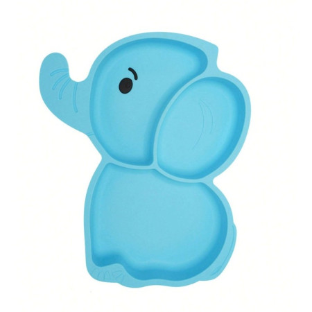 Set 10 Piese Servire Masa. Cyrax, pentru Bebelusi si Copii, din Silicon/Lemn, cu Ventuze Anti-alunecare, fara Alergeni. +6 Luni, Model Elefant, Albastru