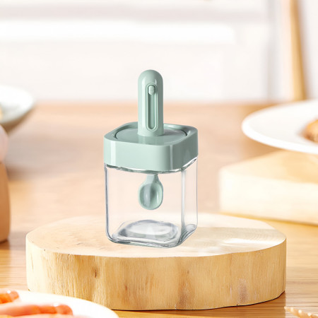 Recipient pentru Depozitarea Condimentelor, Cyrax, Borcan din Sticla, Capac si Lingura Incorporate, Uz Casnic, 300 ml, 7.1x7.1x14.8 cm, Verde