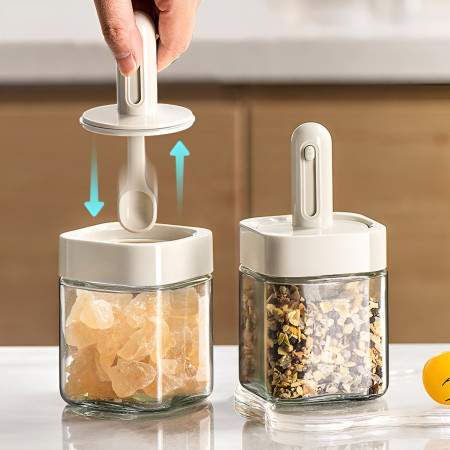 Recipient pentru Depozitarea Condimentelor, Cyrax, Borcan din Sticla, Capac si Lingura Incorporate, Uz Casnic, 300 ml, 7.1x7.1x14.8 cm, Gri