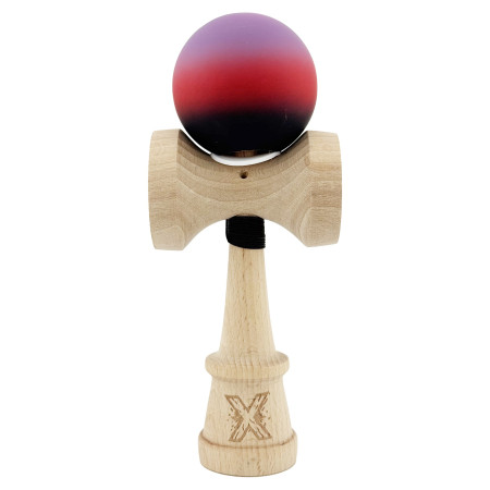 Kendama X Originala, Profesionala, Cyrax, Cupe Mari KING SIZE V3, Rubber Grip, Gaura in Baza, Rulment Metalic, din lemn 18 cm, Ata 62/65 cm, Gradient Mov/Rosu/Negru
