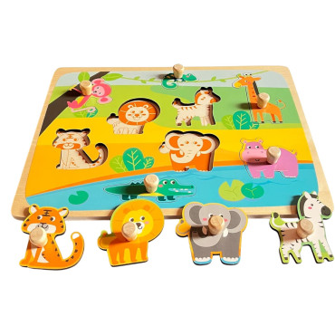 Puzzle Montessori din Lemn pentru Copii, Cyrax, 0-3 Ani, Model Animale din Jungla, Educativ, Intuitiv, Creativ, 9 Piese, 30x22.5x0.8 cm, Multicolor