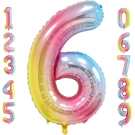 Balon din Folie Metalizata Gradient Cyrax, Figurina Cifra, Tema Aniversare 100 cm, Ambalaj Individual, Pai inclus, Umflare cu Aer sau Heliu, Multicolor, Cifra 6