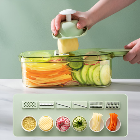 Feliator Multifunctional, Cyrax, 6 in 1, pentru Fructe si Legume, 9 Piese, Maner, Lame de Inox, Recipient Stocare, Protectie Mana, ABS, 35x12x9.4 cm, Verde