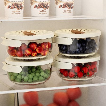 Strecuratoare 2 in 1 pentru Fructe si Legume, Cyrax, Cos de Scurgere si Cutie de Depozitare, 15.5 x 8.3 cm, din PP, cu Maner si Capac, Maro