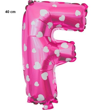 Balon Folie Metalizata Litera F, Cyrax, 40 cm, Cu Imprimeu Inimioare, Umflati cu Heliu sau Aer, Ambalaj Individual, Pai inclus, Roz