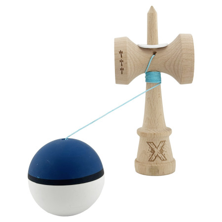 Kendama X Originala, Profesionala, Cyrax, Cupe Mari KING SIZE V3, Rubber Grip, Gaura in Baza, Rulment Metalic, din lemn 18 cm, Ata 62/65 cm, S Bicolor Albastru inchis/Alb
