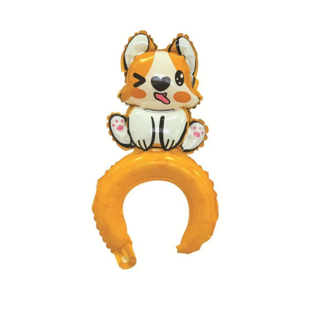 Balon din Folie Metalizata, Cyrax, Tip Coronita, Model Catelus, Ambalaj Individual, Pai Inclus, Umflare cu Aer sau Heliu, 49 x 28 cm, Multicolor