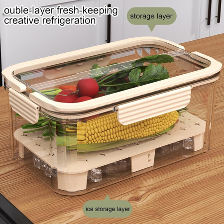 Cutie pentru Depozitare Alimente, Cyrax, de Uz Casnic, 2 Compartimente, Zona pentru Gheata, Mentinere Fresh, cu Maner, Material PET, 23x15x10.8 cm, Bej