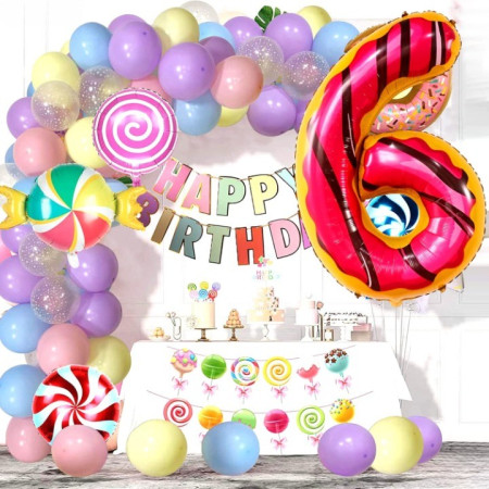 Balon din Folie Metalizata Cyrax, Figurina Cifra, Imprimeu Gogosi, Tema Aniversare 100 cm, Ambalaj Individual, Pai inclus, Umflare cu Aer sau Heliu, Multicolor, Cifra 6