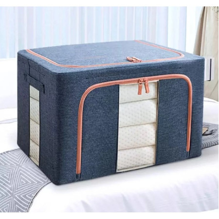 Cutie de Depozitare Pliabila,  Cu Fermoar, 24 L, Textil, 40x30x20 cm, Cadru Metalic, Suport Baza Stabil din Plastic, Albastru Marin cu Doua Ferestre